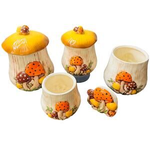 Merry Mushroom Canisters Lids Napkin Holder Ceramic 7 Pieces, Arnel’s